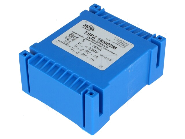 Transformator: ingegoten; 18VA; 230VAC; 9V; 9V; 1A; 1A; PCB; IP00 Transformator: ingegoten; 18VA; 230VAC; 9V; 9V; 1A; 1A; PCB; IP00